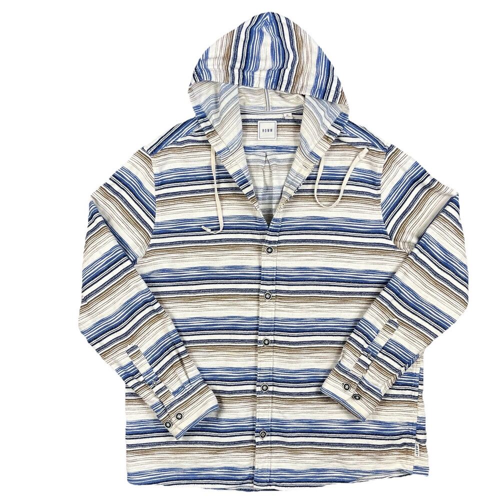 ROWM Mens 100% Cotton‎ Hooded Shacket Shirt Jacket Size XL Cream Stripped Rugged